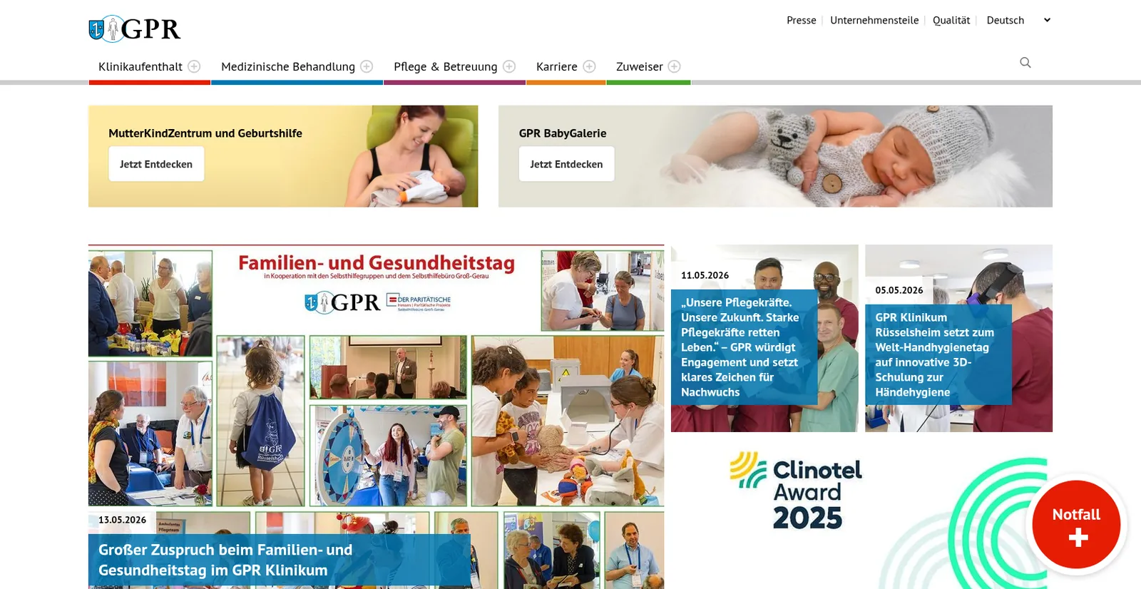 Screenshot der Website GPR Klinikum Rüsselsheim